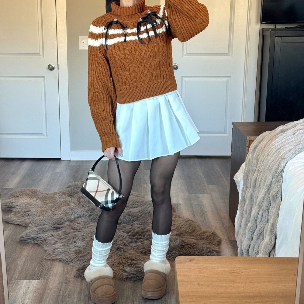 Anthropologie Maeve Turtleneck Balloon Sleeve Bow Sweater Cable Knit Preppy Sz S - Picture 3 of 10